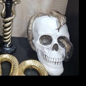 Gothic Glam WHITE SKULL with GOLD SNAKE moody medusa Decor